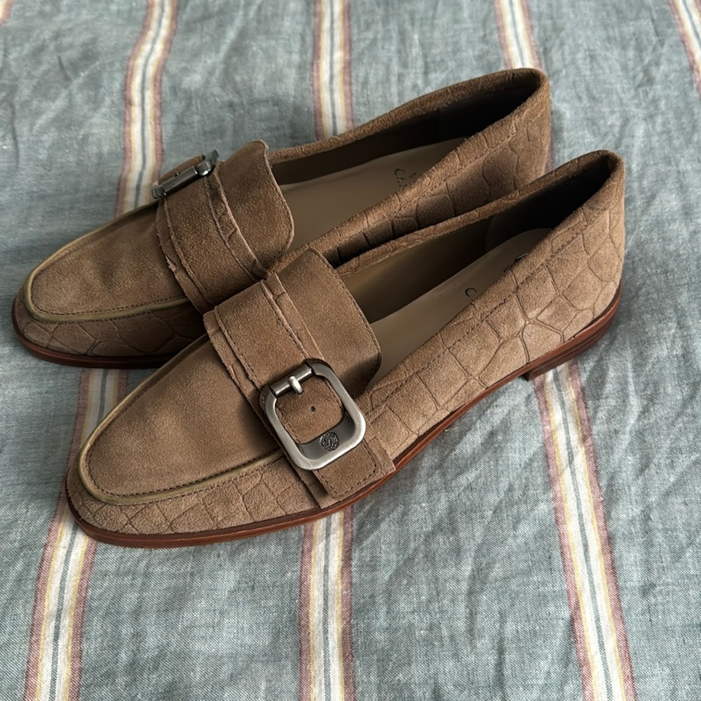 Vince Camuto Taupe Croc-Embossed Buckle Loafers